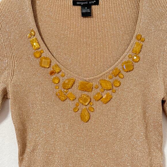 August Silk Bejeweled Neck Metallic Ribbed Sweater Size Med Shimmer Glam Sparkle - Picture 3 of 10